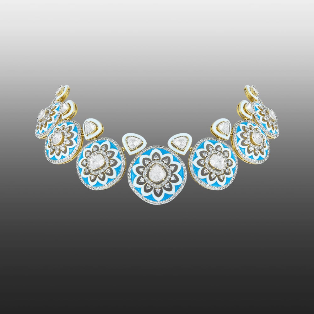 Blue Enamel Polki Necklace with Flower Motifs & Diamond Halos
